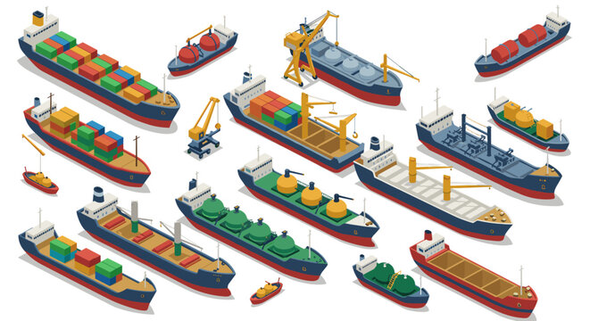 Fototapeta Diverse cargo ships collection in isometric style for maritime and shipping industry
