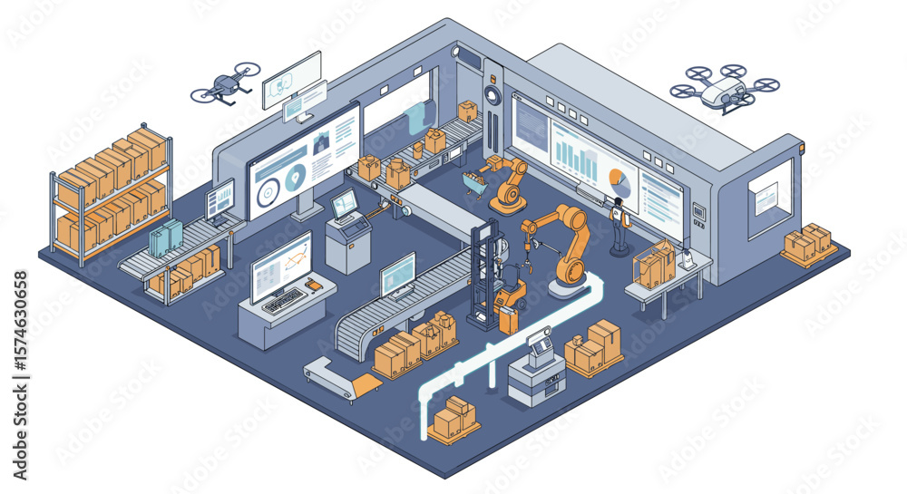 Poster isometric smart factory with robotics and automation technology