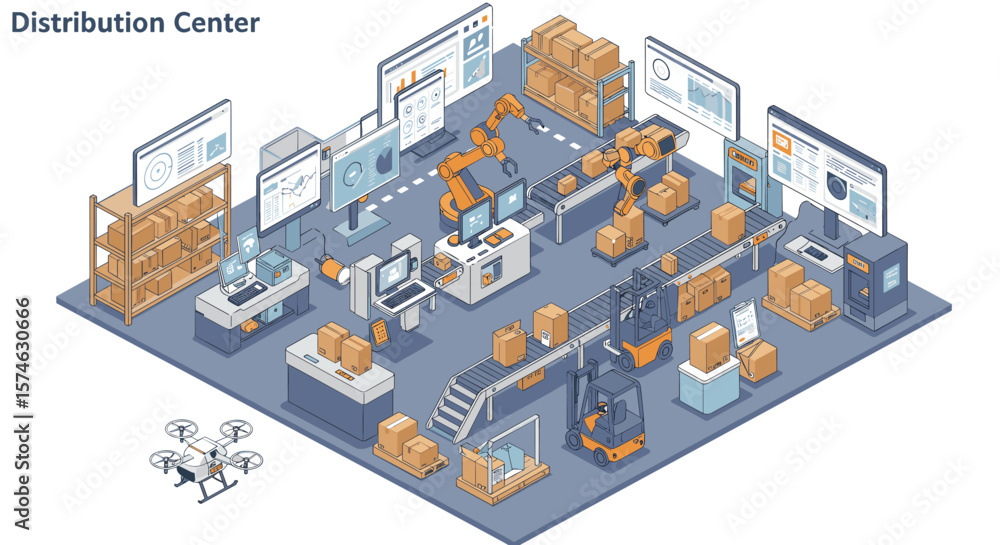 Poster isometric warehouse automation with robots and drones in logistics