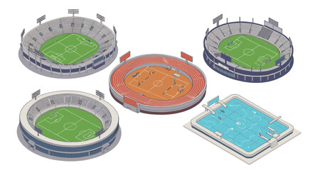 Isometric design of sports stadiums: football fields, athletics track, and swimming pool