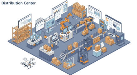 Obraz premium Isometric warehouse automation with robots and drones in logistics