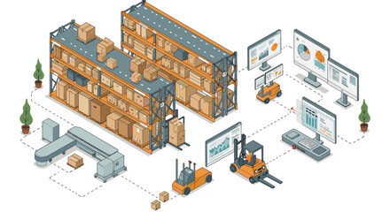 Isometric warehouse logistics with automated forklifts and digital inventory management