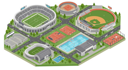 Isometric sports complex with stadiums and courts in lush surroundings