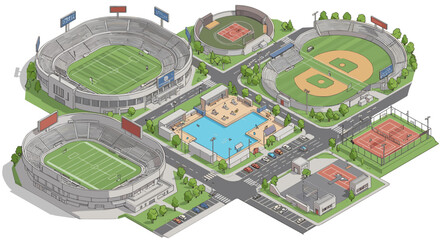 Isometric sports complex with stadiums, pool, and tennis courts