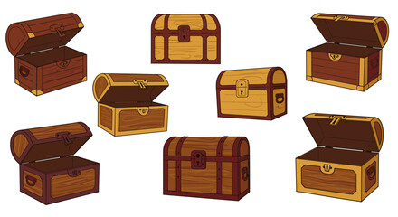 Collection of cartoon wooden treasure chests with open and closed lids