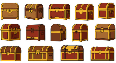 Collection of treasure chests with locks and hinges in cartoon style © Maureen