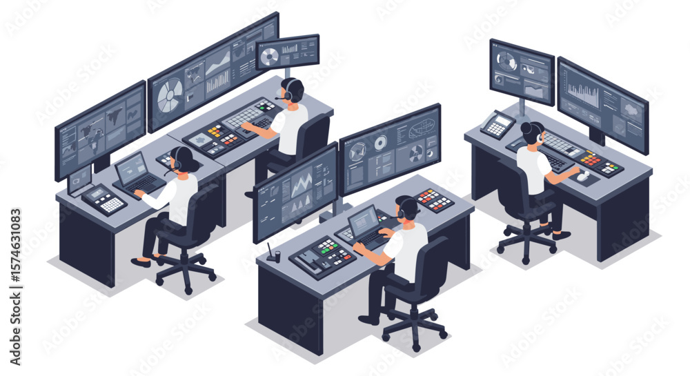 Poster isometric control room with operators and monitors