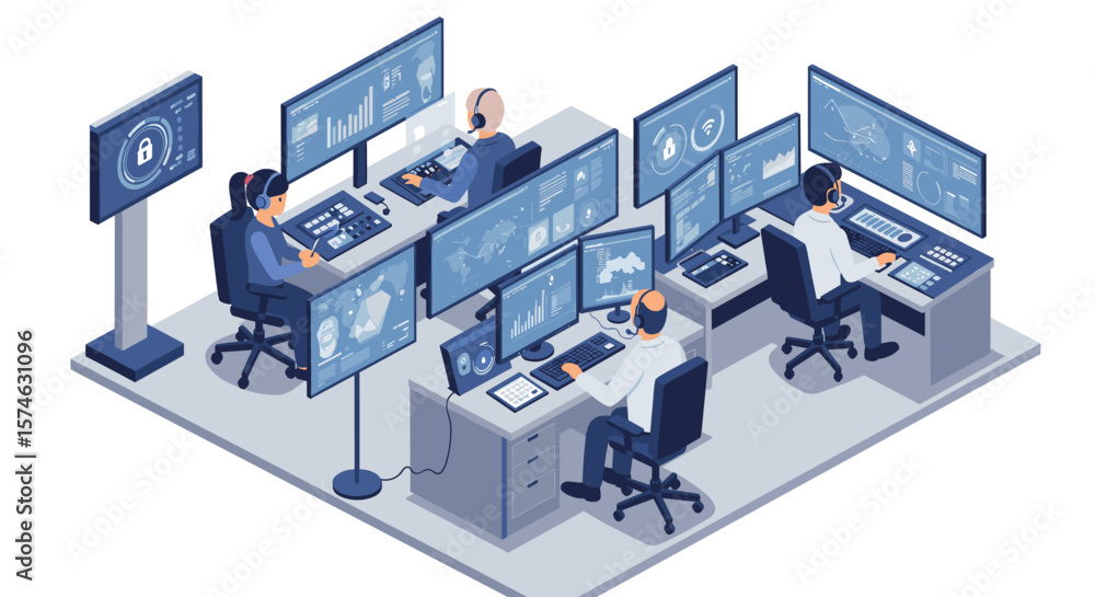 Poster modern isometric security operations center with analysts monitoring digital threats