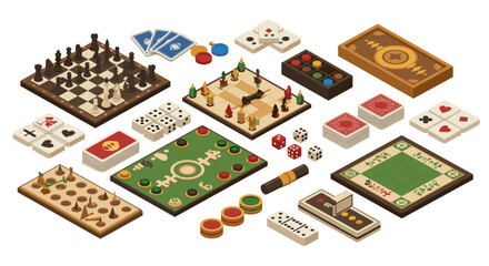 Isometric board games collection: chess, cards, dice, and more