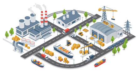 Isometric industrial park with factories, roads, and cargo transport