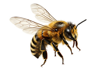 Honeybee in Flight: Detailed Macro Photography, Golden Hues, Black Background, Nature, Insect, Wildlife, Close-up, Studio Shot, High-Resolution, Realistic, Detailed Texture