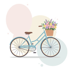 Vintage bicycle with flower basket in pastel color background  