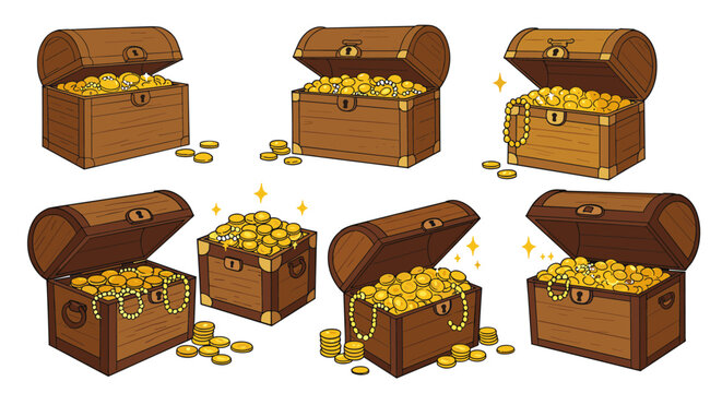 Collection of treasure chests filled with gold coins and jewels in cartoon style