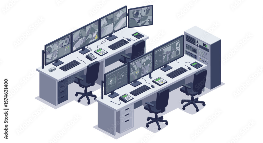 Poster modern isometric control room with computers and monitors for surveillance and security