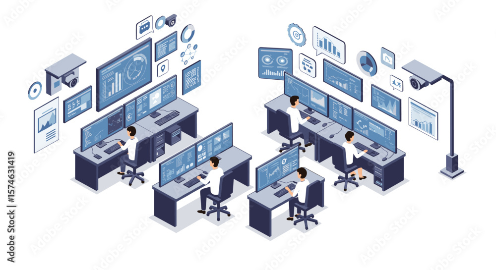 Poster isometric office setup with employees monitoring data on multiple screens