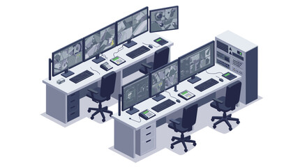 Modern isometric control room with computers and monitors for surveillance and security