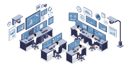 Isometric office setup with employees monitoring data on multiple screens