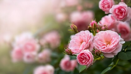 natural background with graceful small pink roses and buds on a bush in the garden