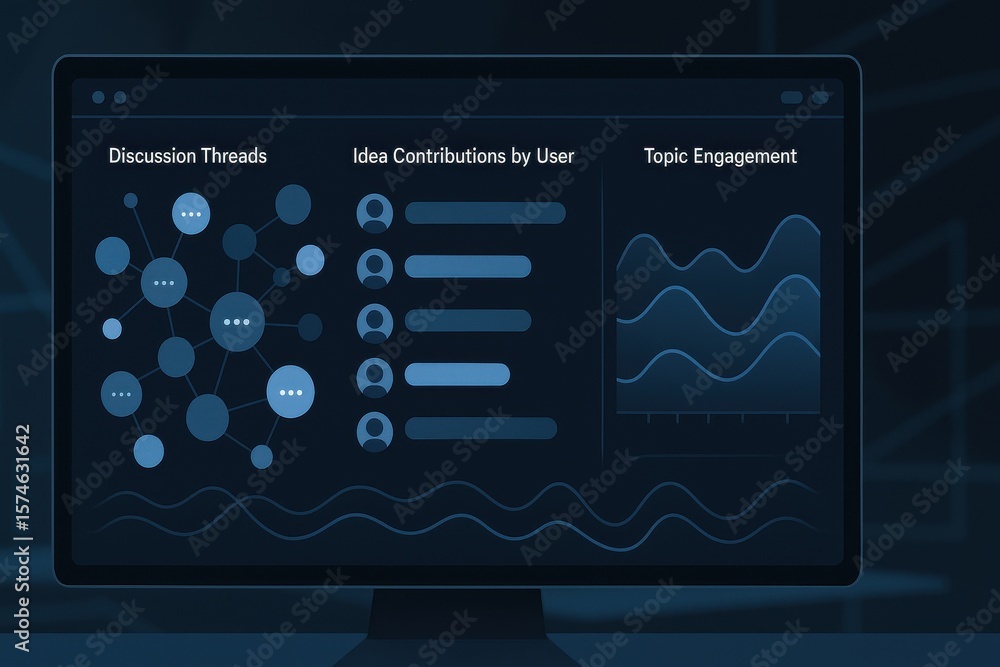 Poster team collaboration dashboard showing discussion threads, idea contributions by user, and topic engag