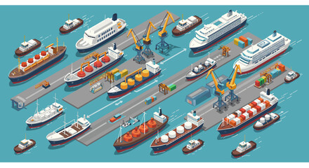 Obraz premium Isometric port scene with cargo ships and cranes in a busy harbor