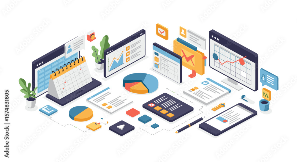 Poster modern isometric business dashboard with charts and graphs