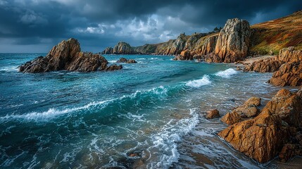 Wide-Angle View of Irish Beach with Large Rocks, Dark Clouds, Soft Light and Low Contrast, Sharp Coastal Serenity.
