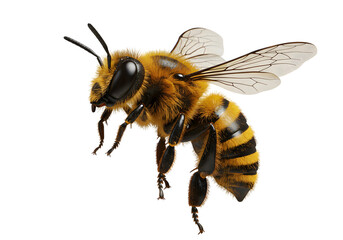 A detailed closeup of a fuzzy bee with intricate wings, captured midflight against a stark transparent background