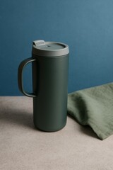 A sleek and modern green travel mug with a lid, perfect for on-the-go coffee or tea, placed with a matching green cloth. The minimalist design and cool tones create a sense of calm and simplicity