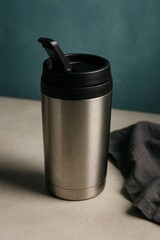 A sleek stainless steel tumbler with a black lid and a practical open-close spout. Designed for convenience and portability