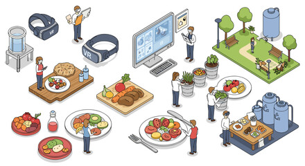 Isometric dining experience and virtual reality in modern technology and lifestyle scene