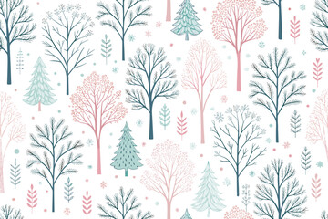 Repeating pattern with stylized trees and leaves in pastel colors  