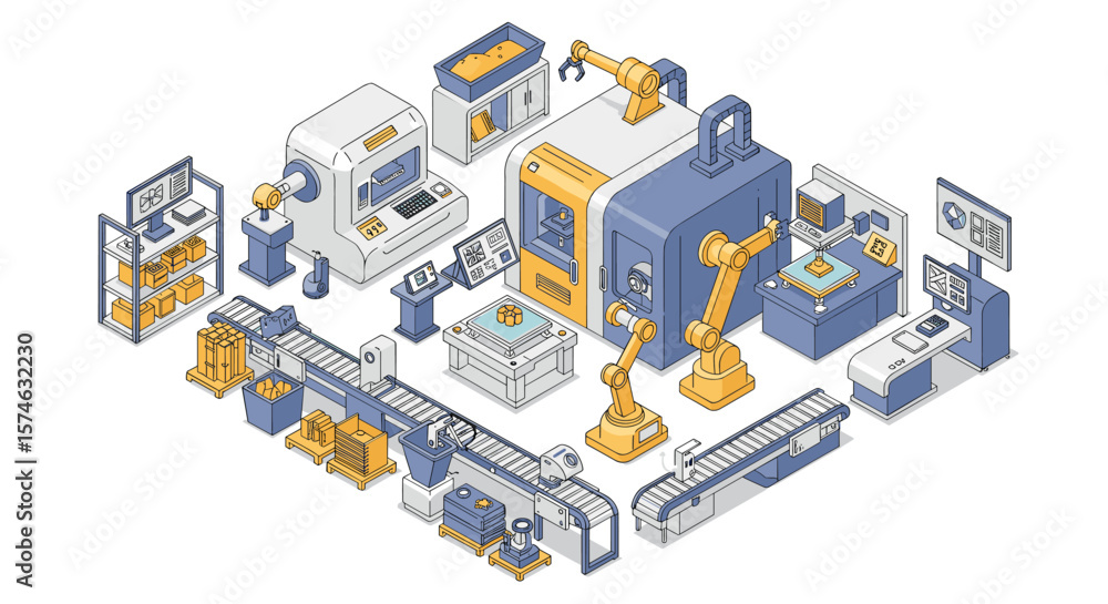 Poster isometric smart factory with automated robots and conveyor systems