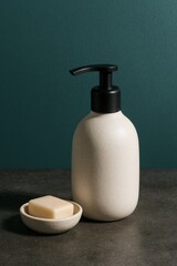 Creamy off-white soap dispenser with black pump and matching soap dish against a dark teal background. 
