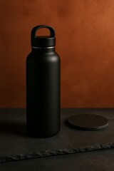 A sleek black water bottle on a rustic textured surface, next to a coaster