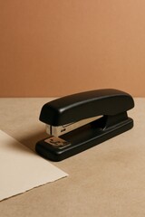 A sleek black stapler resting on a neutral surface alongside a piece of paper, ready for office work.