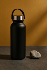 A black water bottle with a metal cap, sitting on a surface with a rock 