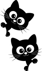 Two black cat faces peeking with big eyes and whiskers feline animal