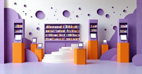 Obraz premium Papercraft library interior. Bookshelves, computers, stairs create whimsical learning space. Purple, orange tones dominate design.