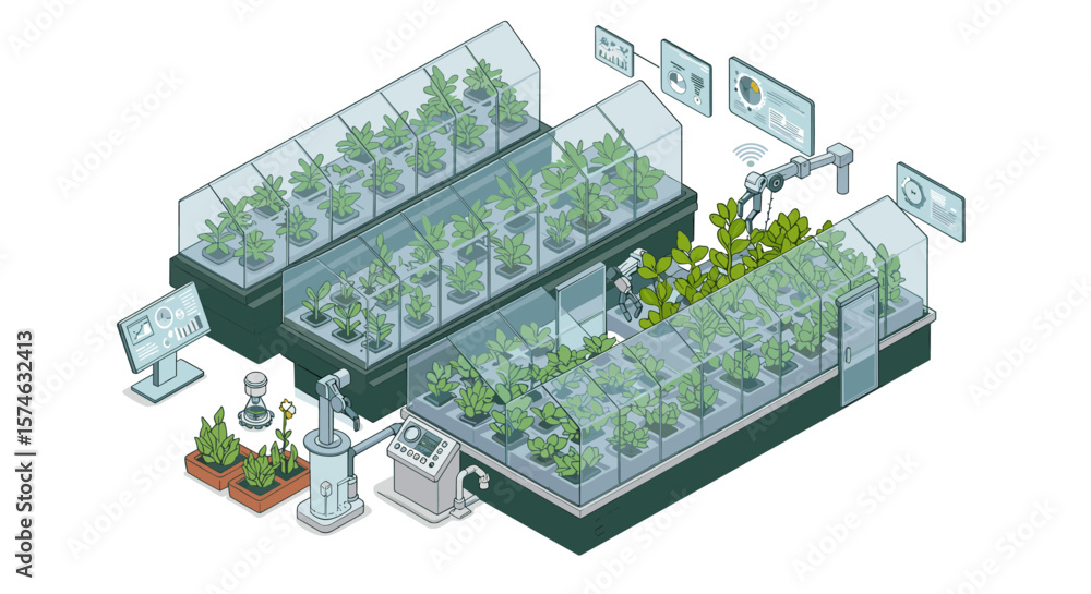 Poster innovative isometric smart greenhouse with high-tech monitoring and automated systems for sustainabl