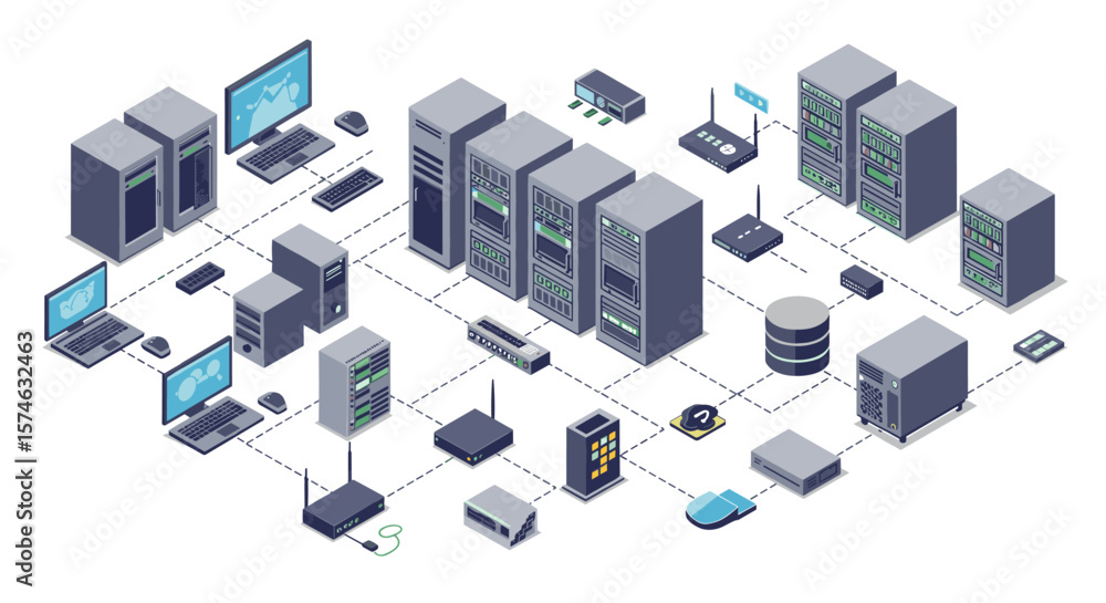 Poster isometric data center network layout with server racks and network devices