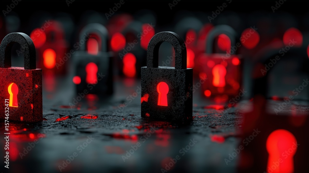 Poster digital security network theme with red padlock icons symbolizing protection and safety