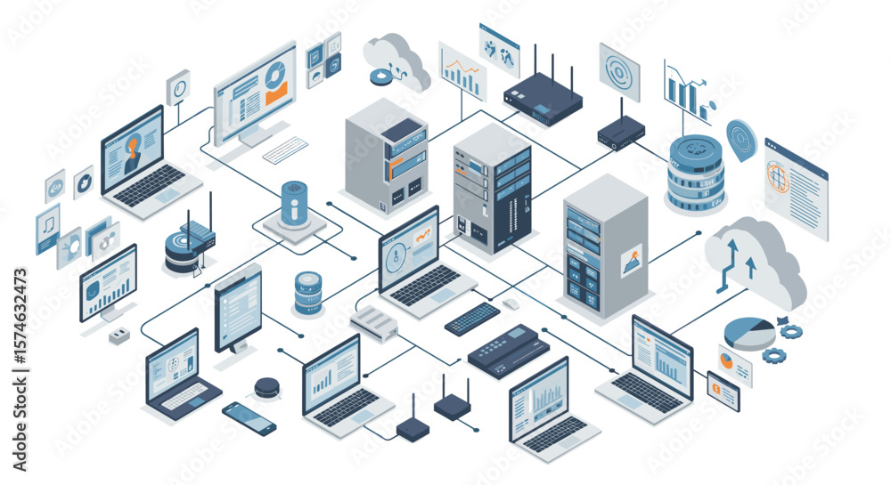 Poster isometric data center network and cloud computing concept with connected devices