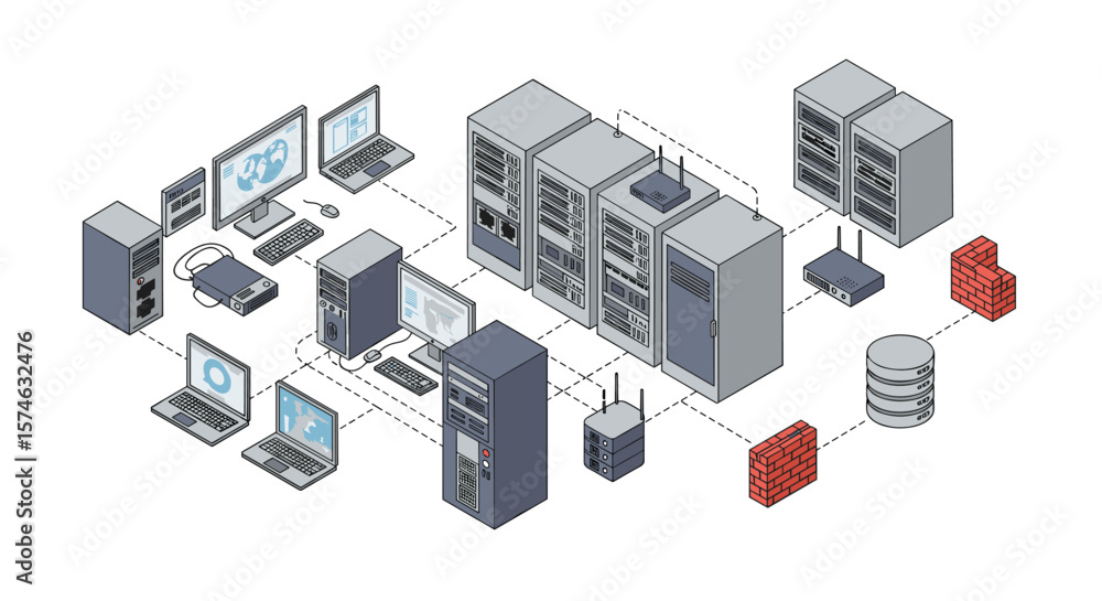 Poster isometric data center network layout with servers and computers