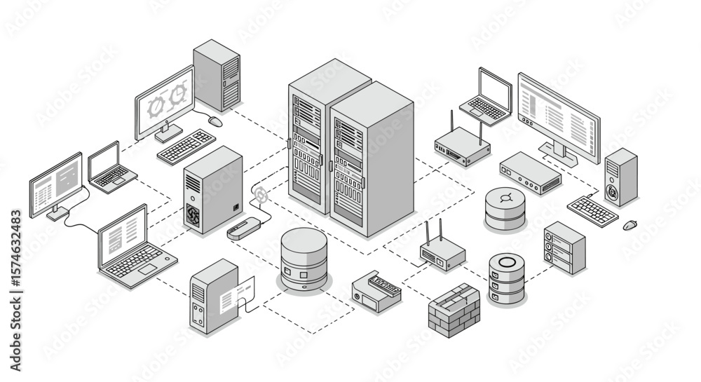 Poster isometric network infrastructure with servers and computers in grayscale