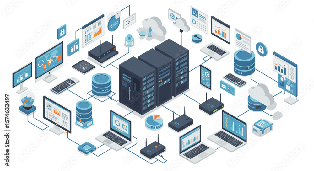 Poster isometric data center network with servers and laptops in cloud computing environment