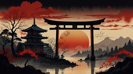 Japanese temple at sunset, tranquil scene