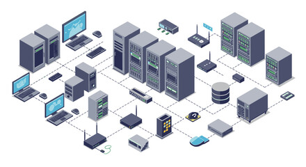 Isometric data center network layout with server racks and network devices