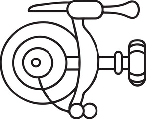 Fishing reel handle black, clean vector icon, spinning fishing reel for angling use, black stroke minimal design tool for outdoor recreation, sport fishery and hobby scenes
