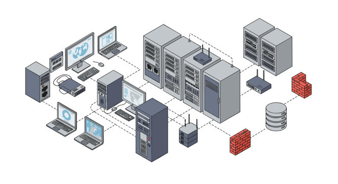 Isometric data center network layout with servers and computers