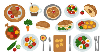 Assorted breakfast dishes with coffee and fresh vegetables on white background